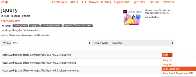 cdnjs copy as script tag