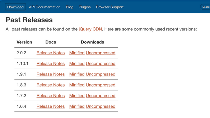 jQuery past releases page